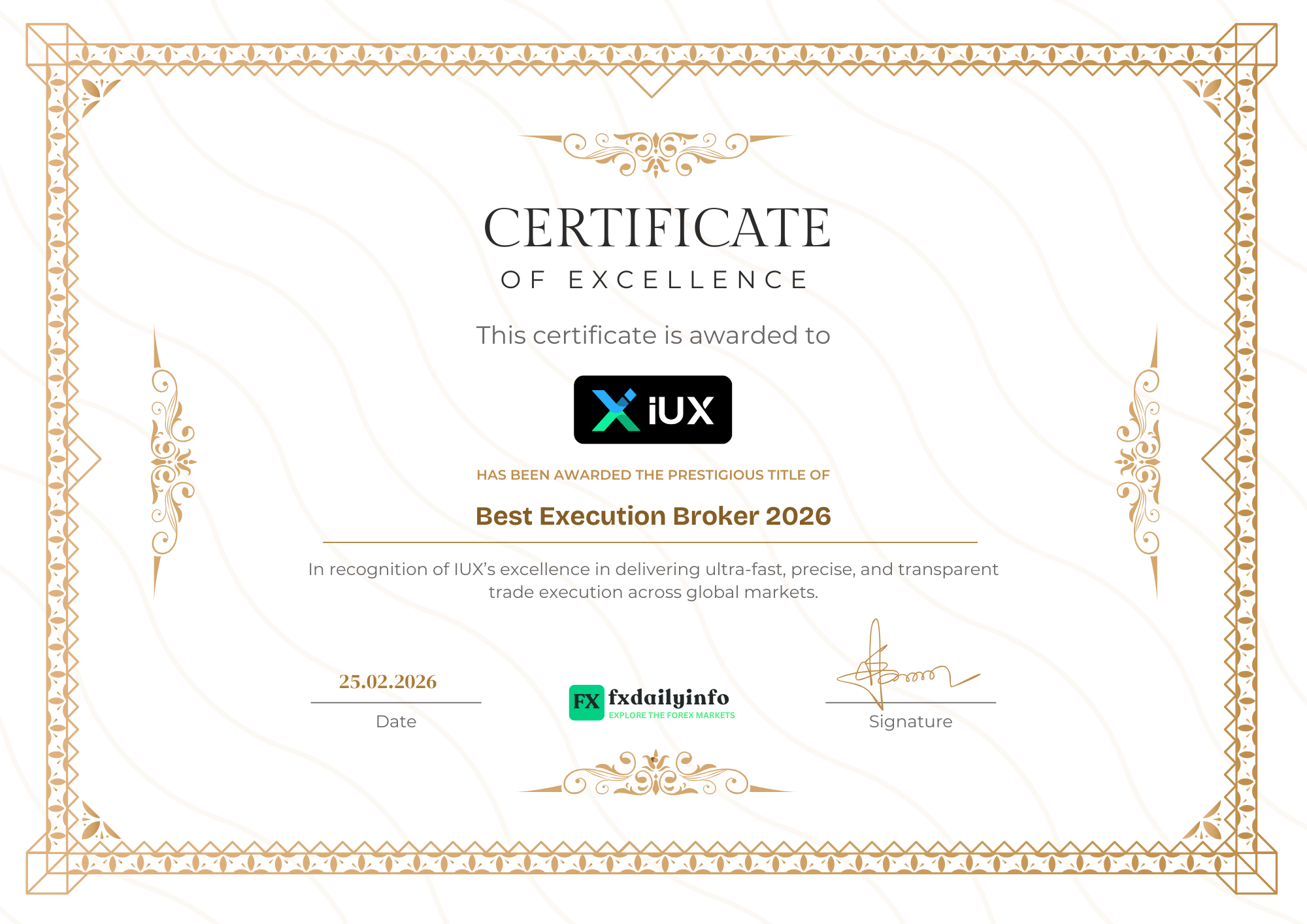 IUX Awarded Best Execution Broker 2026 by FxDailyInfo